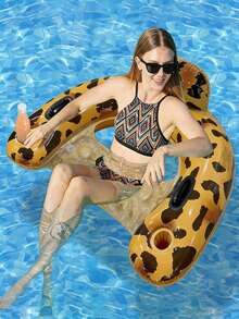 1pc U-Shaped Inflatable Lounger Chair, U-Shaped Design With Leopard And Cow Print Elements, Includes Cup Holder And Handles, Made Of PVC Material, Suitable For Swimming Pool, Theme Parties, Water, Beach, Inflatable Float, Inflatable Resting Seat, Inflation Pump Sold Separately - Leopard Print U-shaped Recliner - View 6