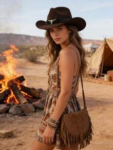 男女通用牛仔帽，宽檐时尚牛头皮带设计西部牛仔帽，适合日常和派对穿着 - 彩色 - 查看 8