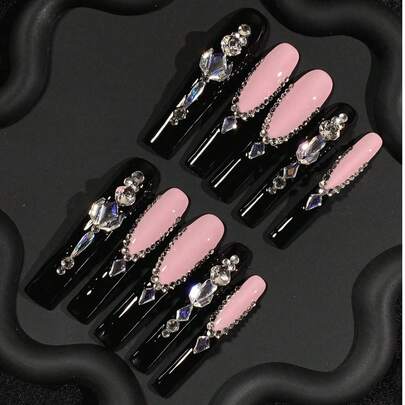 10pcs Black And Pink V Method Shining Diamond 1pc Nail File And 1pc Nail Glue 3D Hand Press Wear Nail Y2K Extra Long Nail Square Full Covered Fake Nail Piece Diy Nail Design Suitable For Women And Girls Holiday Parties And Everyday Wear Nail Art Press On Nails