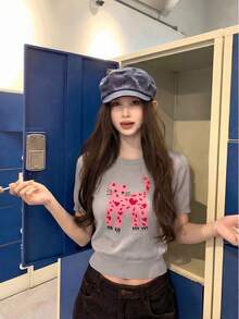 Summer Grey & Pink Contrast Cat Knit T-Shirt, Relaxed Fit, Soft & Gentle, Cropped Silhouette Women Top For Vacation - Light Grey - View 2