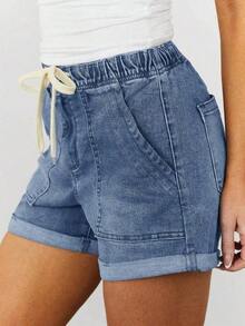 Women's Lightweight Summer Denim Shorts, Casual Loose Drawstring Elastic Waist, Cuffed Hem, Comfortable Vacation Denim Style - Màu xanh lam - Xem 4