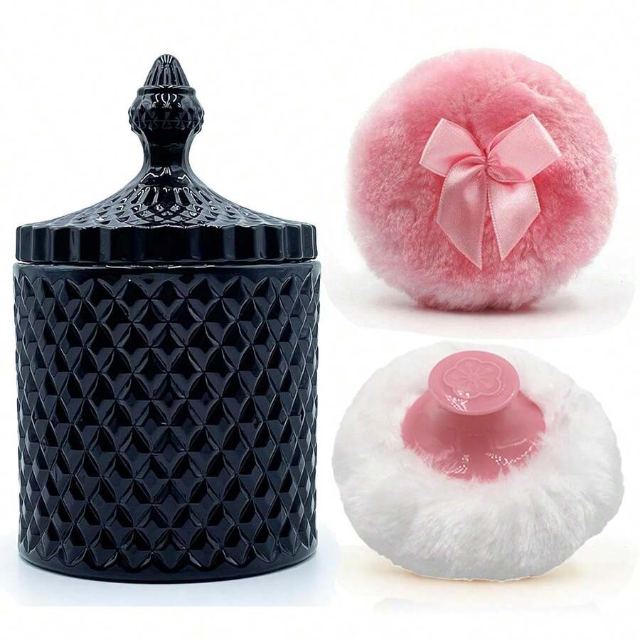 Luxury 4 Inch Glass Powder Container With 2 Soft Puffs For Loose Powder - 1 Handle 1 Bow Pink Puffs With Pointed Cylinder-black-large - View 1