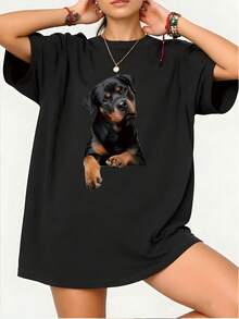 Peeking Rottweiler Fashion Summer Casual Short Sleeve Tees, Spring Outfit, Women's T Shirt,  |   100% Cotton Minimalist Tops For Men & Women |   Local Shipping - 黑色 - 查看 2