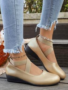 2026 Nya Damskor med Elastisk Ankelrem och Rund Tå och Kilklackar - Guld - Visa 6