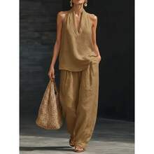 2026 Spring And Summer French Temperament Neck V-Neck Leaking Back Top, Cool Feeling Comfortable And Thin Wide-Leg Pants Set,Trajes Elegantes De Mujer,Conjunto De Dos Piezas Mujer - 卡其色 - 查看 6