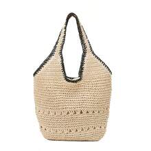  Boho Hollow Out Woven Straw Tote Bag With Contrast Trim, Large Capacity Beach Bag For Vacation & Daily Use - White - View 2