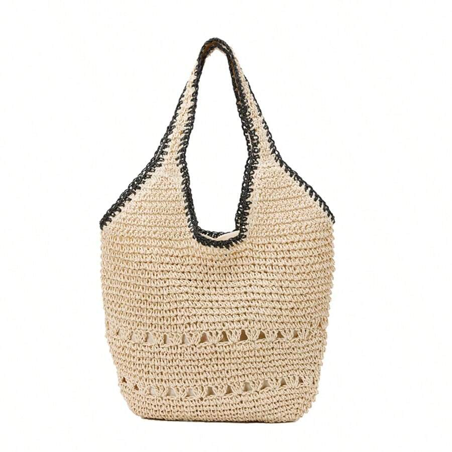  Boho Hollow Out Woven Straw Tote Bag With Contrast Trim, Large Capacity Beach Bag For Vacation & Daily Use