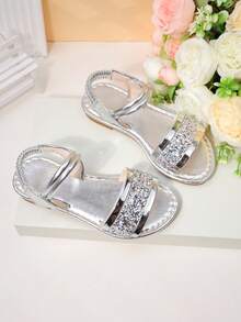 1 đôi sandal La Mã lấp lánh màu vàng cho bé gái, kiểu dáng công chúa sang trọng cho mùa hè. - Bạc - Xem 5