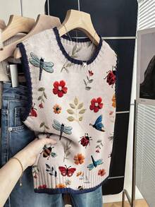 Pull léger créatif pour femmes - Imprimé insecte et fleur, débardeur décontracté à col rond, convient pour toutes les saisons, design superposé, combinaison de couleurs vibrantes pour les vacances - Nude - Voir 8