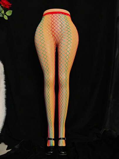 1 Set Women's High Waist Colorful Fishnet Tights, Sexy Hollow Out High Waist Mesh Pantyhose