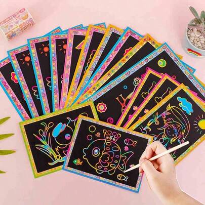 1set Diy Scratch Drawing Toy, Art Paper With Magic Painting Paper, Stick And Wooden Stylus, Creative Coloring Toy Crafts, Diy Painting Kit