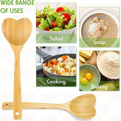Set de 2 cucharas de cocina de bambú con forma de corazón de 11 pulgadas, juego de utensilios de cocina de madera antiadherente, cucharas decorativas lindas, adecuadas como regalo de inauguración de la casa, Día de San Valentín, cumpleaños, boda para mamá y abuela