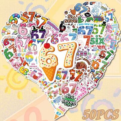 50pcs Numeric "67" Stickers, Creative Cartoon Decorative Stickers Suitable For Scrapbooking, Toys, Cars, Blocks And Other Children's Decorations