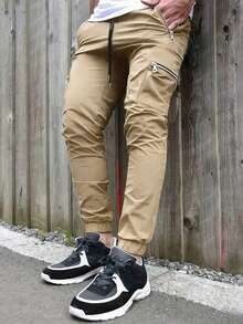 Pantalones jogger casuales para hombres con múltiples bolsillos, estilo minimalista de cargo deportivo - Caqui - Ver 2