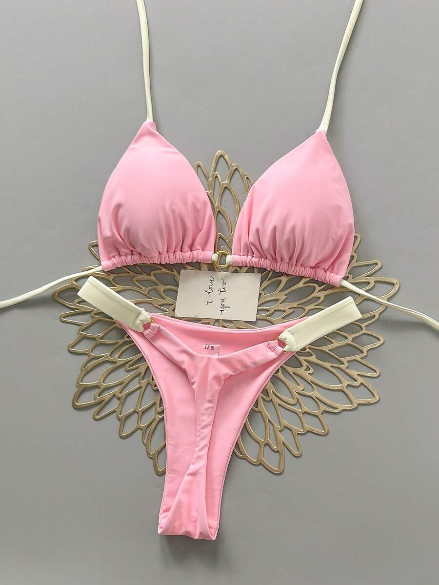 Women's Summer Beach Patchwork Halter Tie Sexy Bikini And Triangle Briefs Swimsuit Set Vacation - Pink - View 1
