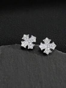 1 Pair 2PCS Punk Style Copper Geometric Cubic Zirconia Shield Stud Earrings, Copper Cross Star Stud Earrings, Unisex, Suitable For Daily Wear, Parties, Back To School Season, Holiday Gifts - Multicolor - View 7