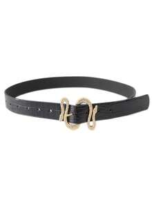 1pc Double Snake Head Diamond Crocodile Grain PU Leather Belt - Black - View 2