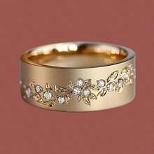 欧美时尚镶嵌闪亮锆石18K镀金叶形戒指 - 金色 - 查看 9