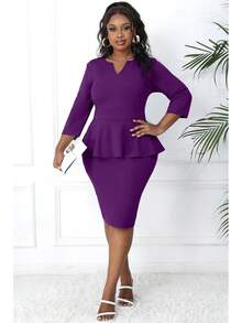 Plus Size Vintage Peplum Pencil Dress For Work Or Church - 紫色 2 - 查看 9