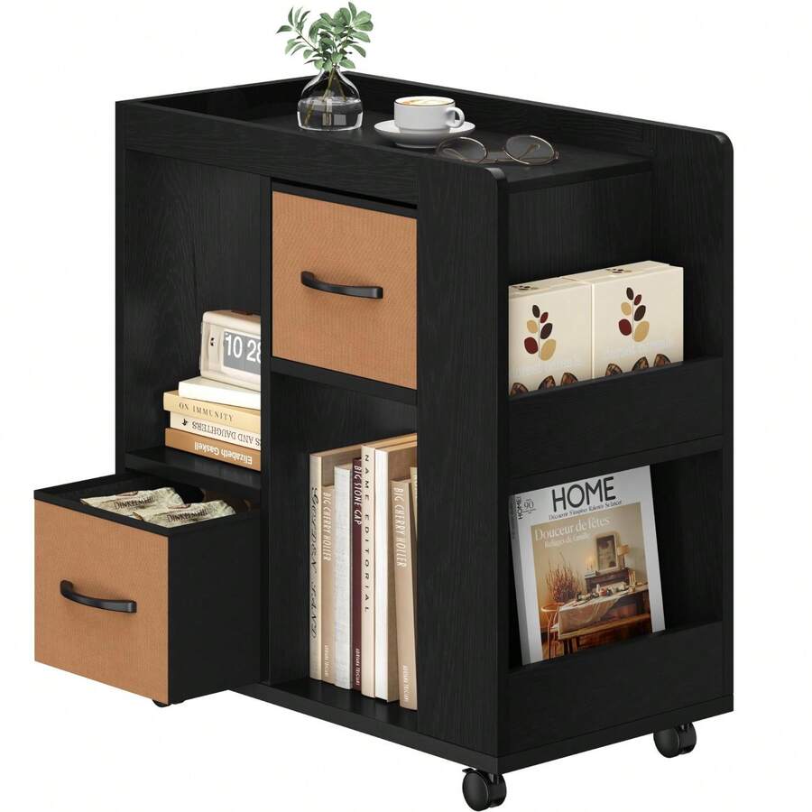 Book Shelf With Storage, Wooden Rolling Bookcase With Wheels, 2 Foldable Fabric Drawers, Magazine Racks And Open Shelves, 13″ * 24″ * 26″, For Living Room, Home Office, Black - 黑色的 - 查看 1