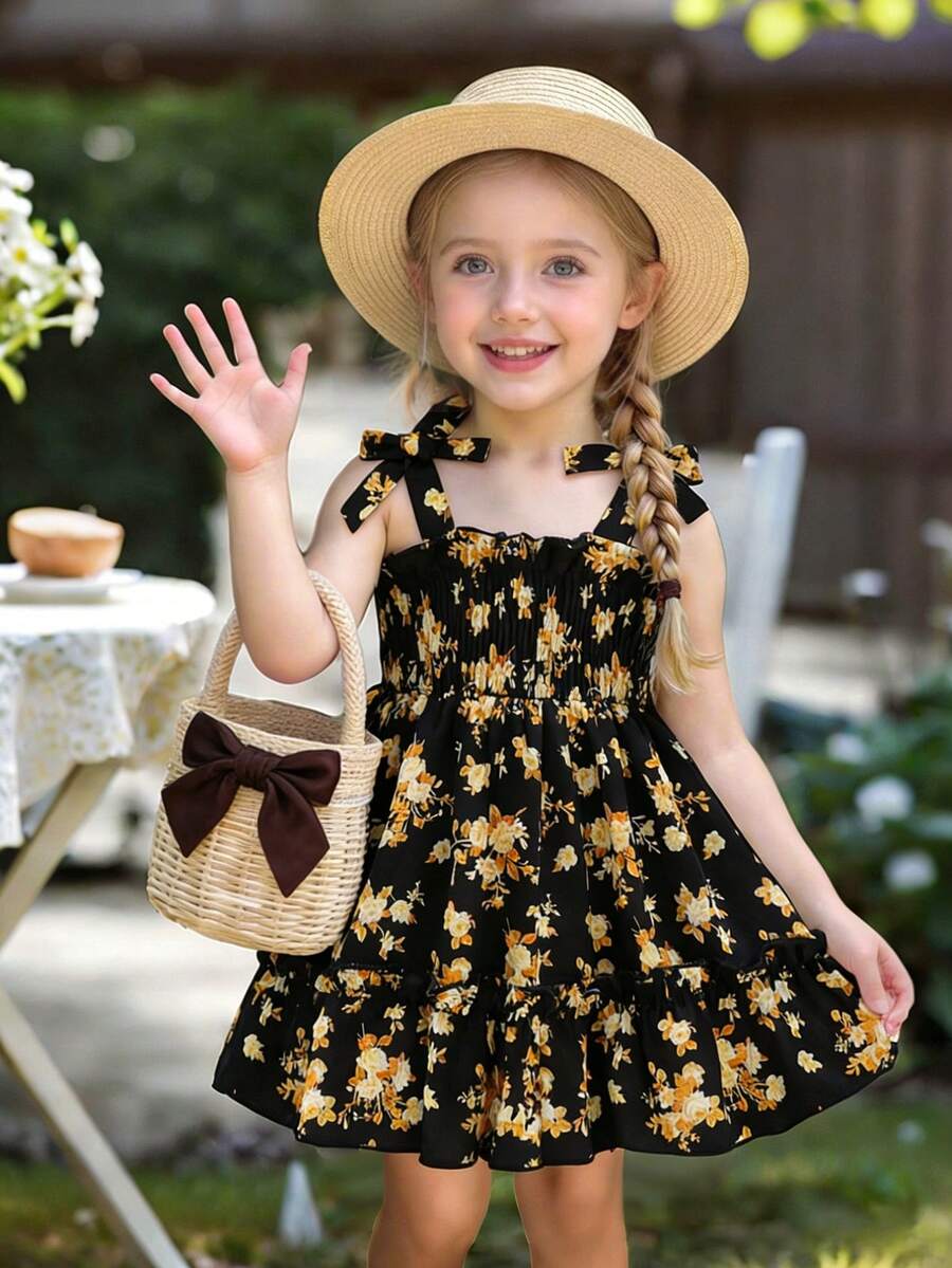 Baby Girl Floral Print Spaghetti Strap Bow Ruffle Hem Dress - Black - View 1