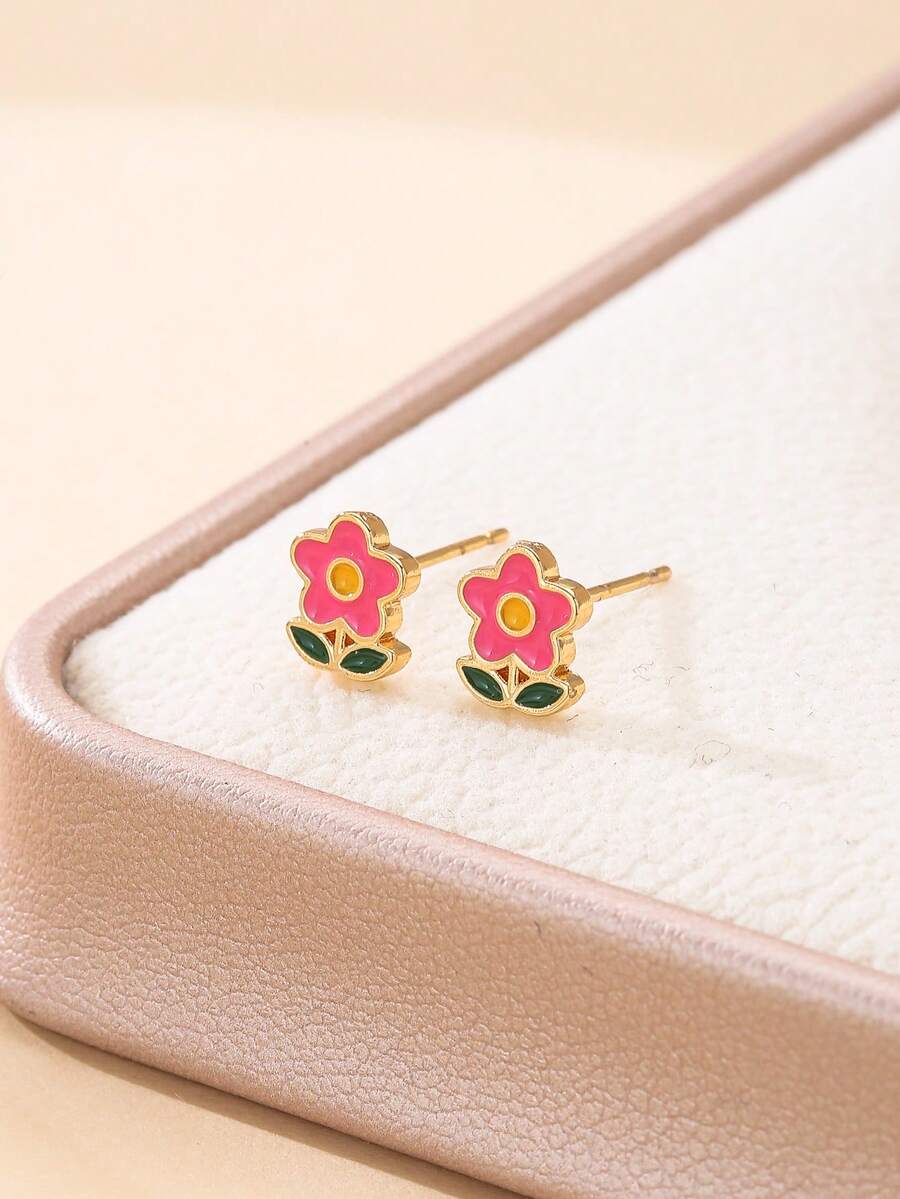 1对时尚学生卡通花朵耳钉，可爱甜美百搭，适合女性日常、休闲、度假佩戴 - 花朵 - 查看 1