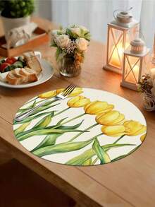 4pcs/6pcs Yellow Tulip Pattern Round Placemats, Home Decor, Modern Style, Faux Linen Material, Spring/Summer Home Decor, Indoor/Outdoor Party Supplies, Retro Theme Decoration, Room Decor. Suitable For Daily Home Kitchen Decor And Everyday Event Party Decoration - Multicolor - View 4