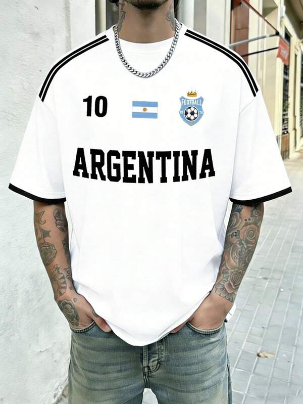 Camiseta de fútbol de estilo europeo y americano para hombres, con identificador de número ARGENTINA+10 y elementos de insignia de fútbol, estilo de gloria del fútbol para uso social o casual, regalo para novio/novia