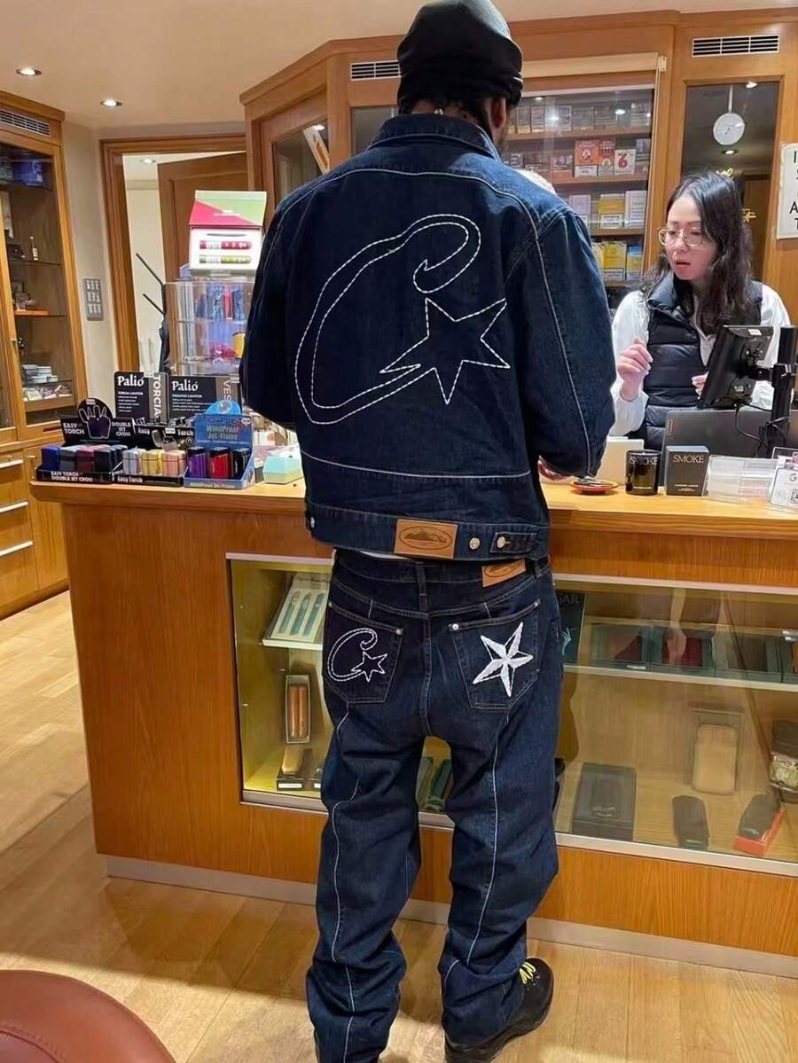 Men's 2-Piece Denim Suit, Western Style Denim Suit - Worn Jacket And Loose Jeans, Hip-Hop Street Style, Punk Style Denim Suit, Suitable For Casual Street Wear - màu đen - Xem 1