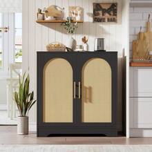 Gabinete Buffet, Almacenamiento Credenza con 2 puertas de ratán y estantes, Mesa de consola moderna Acento Gabinete de café para sala de estar, cocina, pasillo, comedor, entrada - Negro - Ver 1