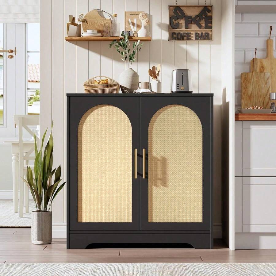 Gabinete Buffet, Almacenamiento Credenza con 2 puertas de ratán y estantes, Mesa de consola moderna Acento Gabinete de café para sala de estar, cocina, pasillo, comedor, entrada - Negro - Ver 1