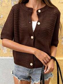 FOR BEAUTY Summer New Round Neck Short Sleeve Knit Cardigan, Women Loose Hollow Thin Button Cream Yellow Top, Casual Versatile, Suitable For Street Shopping And New Year Wear Spring - 紅咖啡 - 查看 3