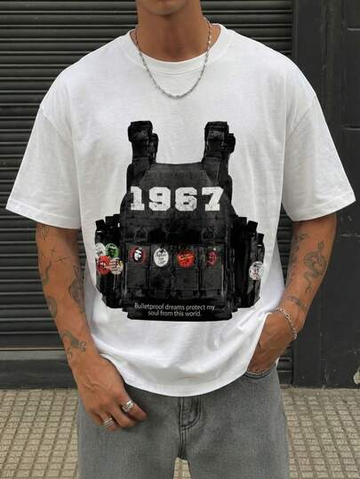 1967 Printed Bulletproof Vest Graphic T-Shirt, Street Style Tactical Design, Summer Wear For Men, White