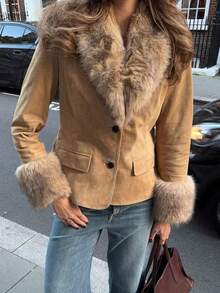 Blazer de terciopelo y piel sintética minimalista de estilo europeo y americano, nueva colección de otoño/invierno de Seelio - Marrón claro - Ver 3