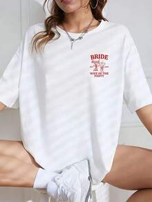 Camiseta de algodón de 180 g con mangas cortas en la parte delantera y trasera, estampado de novia, estampado de nupcial, cuello redondo, top casual de manga corta para mujer - Ropa de mujer, ajuste cómodo, diseño moderno adecuado para el uso diario, salidas informales, versátil para uso en el hogar, paseos al aire libre, sencilla y adecuada para todos, estilo de nicho moderno, la primera opción para parejas. - Blanco - Ver 3
