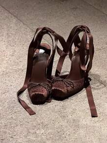 Giày sandal cao gót kiểu Pháp thắt nơ quai mảnh, đế đỏ, mẫu mới mùa xuân sớm dành cho nữ. - màu nâu - Xem 3