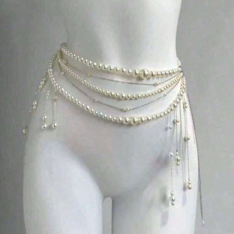 1 Piece Of Fairy Waist Chain, Layered Tassel Flowers Pearl Belt, Niche Design Waist Decoration, Light Luxury Jewelry, Women's Party Banquet Holiday, Valentine's Day Idea, Versatile Body Chain, Elegant Statement Accessory - Flower Style - 查看 1