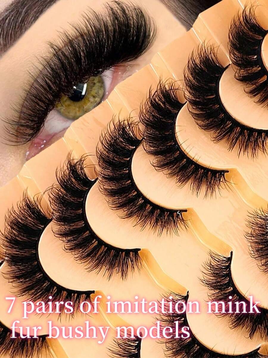 7 Pairs/Set Short 3D Mink Eyelashes, Russian DD Curl, Handmade, Natural Fluffy & Thick, Full Strip Eyelashes, Wholesale Eyemakeup - Black - View 1