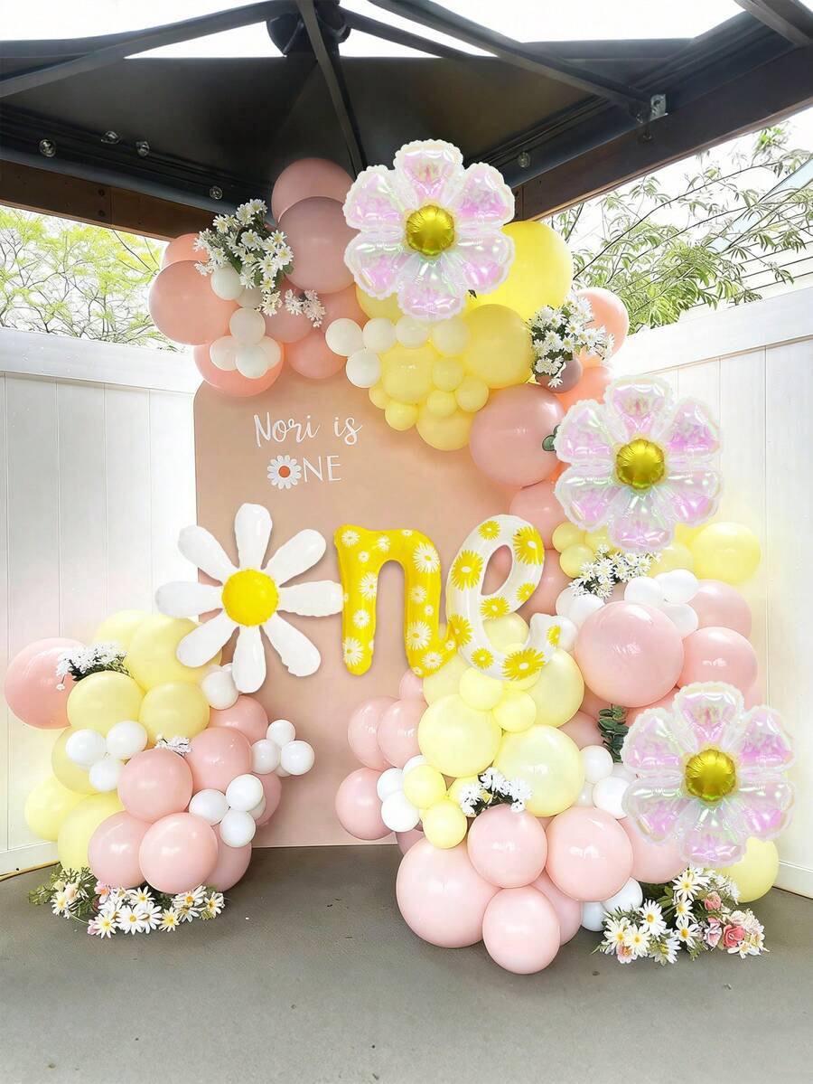 89pcs Daisy Balloon Arch Set, Includes Daisy Print Letter Balloons, Retro Boho Style Pink White Yellow Balloons Arch, Colorful Daisy Flower Balloons, Suitable For Celebrating Sweet Wedding, Engagement Party, Birthday Party, Anniversary, Home Or Garden Decor, Bridal Shower, Graduation Ceremony, Daisy Themed Party, Boho Themed Party - Multicolor - View 1
