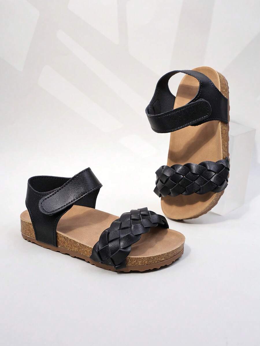 2025 Summer Fashion Girls' Roman Braided Sandals, Strap Design, Breathable, Foot Protection, Anti-Slip Lightweight Cork Sole (Sole Color Random) - Black - View 1