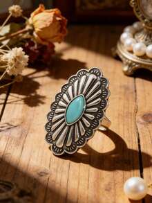 Anillo vintage con plata desgastada y turquesa, anillo bohemio exagerado - Plateado - Ver 4