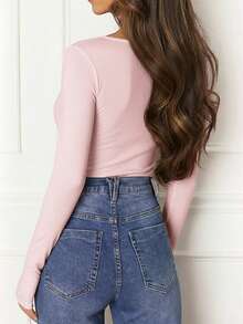 Women's Elegant Knit Square Neck Long Sleeve Top, Regular Length, Front Tie Detail, Medium Stretch Fabric Ruffle Collar Top Pink Spring - Pink - View 3