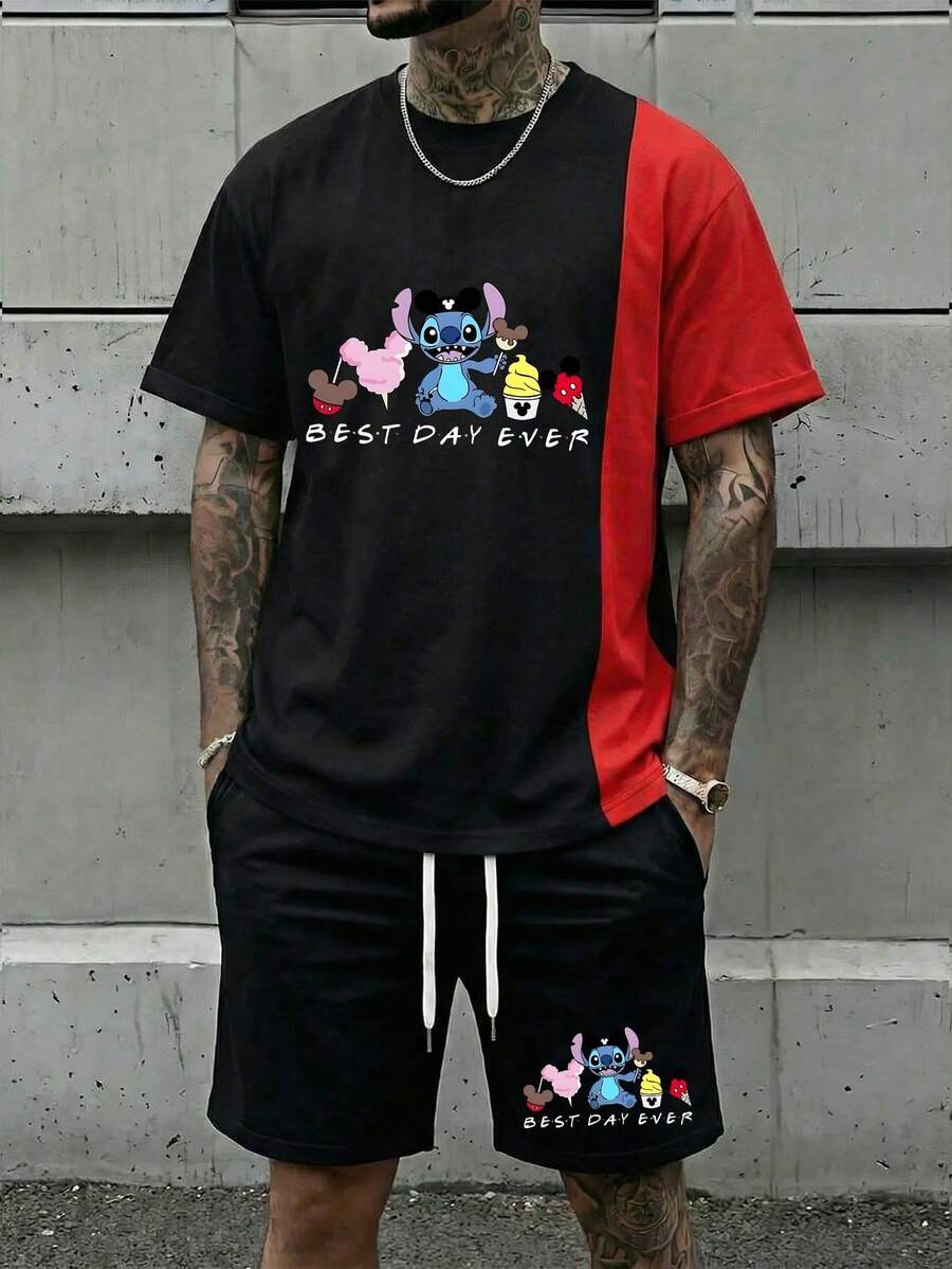 (2-Piece Set) Officially Licensed By Disney: Disney's *Lilo & Stitch* Men's T-Shirt & Shorts Set-Featuring Stitch Graphics And "Best Day" Lettering. This Two-Piece Outfit Includes A Black And Red Color-Block Short-Sleeve Pullover T-Shirt And A Pair Of Drawstring Shorts. Breathable And Comfortable, This Casual Summer Set Makes The Perfect Gift For Men. - Đen và đỏ + đen - Xem 1