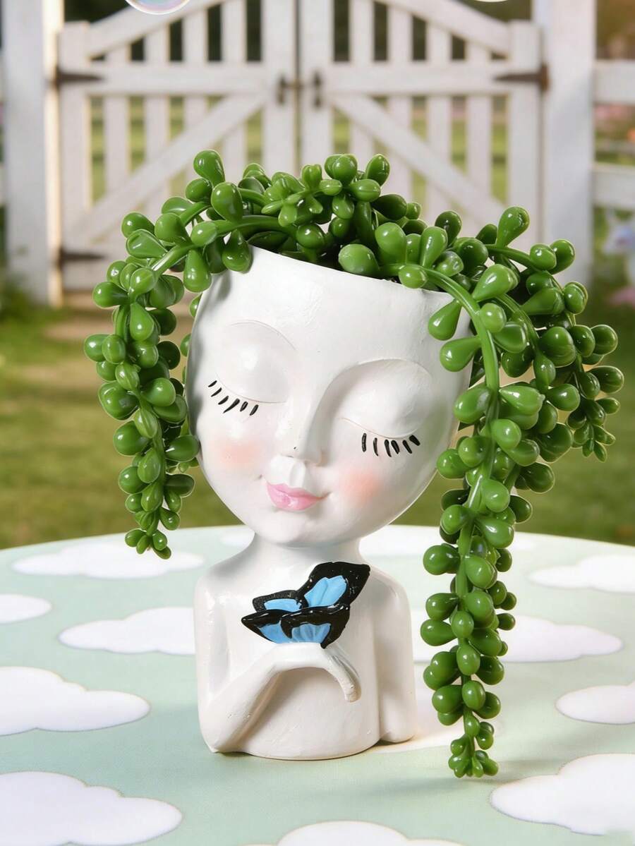 Facial Planter/Pot, Suitable For Indoor And Outdoor Plants, Made Of Resin, Suitable For Succulents, With Drainage Hole, Cute Lady Face Shaped Planter - A - View 1