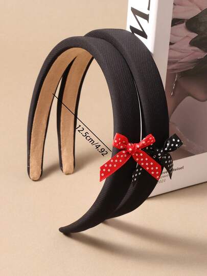 1pc Elegant Polka Dot Bow Satin Black Headband, Daily Wear Hair Accessory For Women