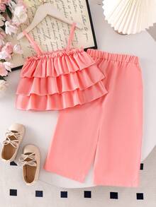 Bộ đồ hè màu hồng nhạt cho bé gái, áo hai dây xếp tầng + quần ống rộng 2 món, điểm nhấn nơ tinh tế, chất vải mềm mại thoáng khí, rộng rãi và thoải mái cho trang phục hàng ngày. - Hồng - Xem 2
