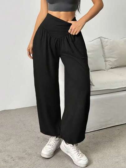 Women High-Waisted, Gathered, Wide-Cut Viscose Two-Thread Trousers With Pockets. , 32470