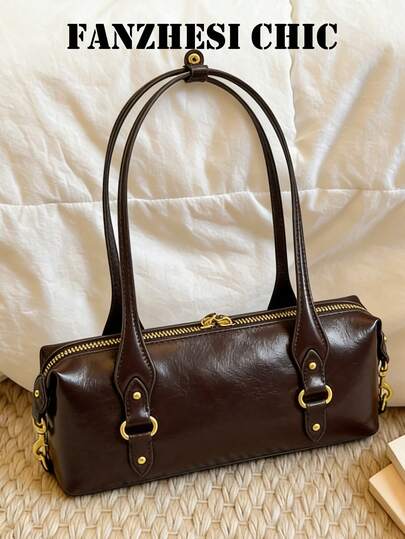 Nova bolsa feminina da moda, com design em estilo europeu ocidental, multifuncional e prática, com silhueta estilo Boston em metal com efeito desgastado, decorada com detalhes, modelo de ombro único, feita de material PU de alta qualidade, com zíper de metal, alças duplas superiores, pode ser usada no ombro ou carregada na mão, ideal para guardar batom, chaves, cosméticos e outros itens essenciais do dia a dia, perfeita para o escritório, passeios, compras, encontros, viagens a negócios e uso diário.