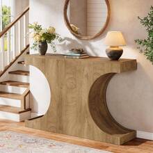 LITTLE TREE 105cm Farmhouse Console Table Rustic Sofa Table C-Shaped Legs Narrow Entryway Hallway Living Room Table Brown - Brown - View 3