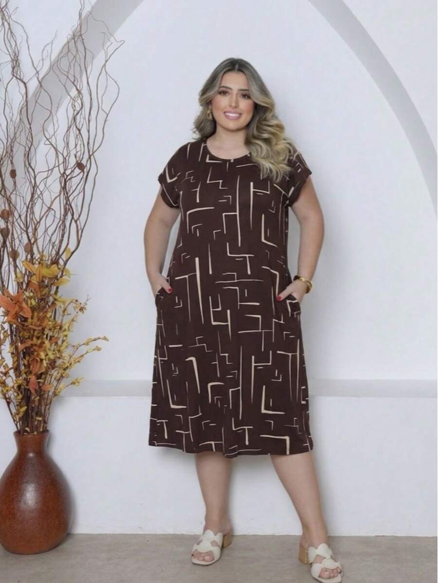 Plus Size Printed Midi Knit Dress - 深棕色 - 查看 1
